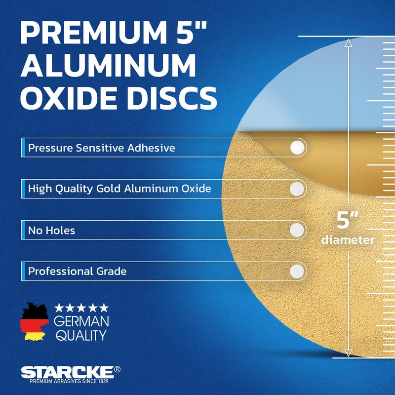 Starcke 5 inch Sanding Discs 80 Grit Sandpaper Discs PSA Adhesive Sandpaper Roll No Hole - Disc Gold Round Sanding Paper, Durable Sand Paper for Wood, Auto Body, Metal, Marine Paint for Smooth Surfaces - Image 3